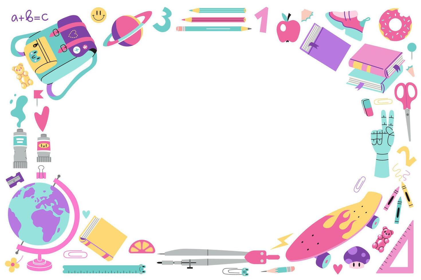 Back to school horizontal banner, round frame with cute stationery and art supplies, cartoon style. Bright pastel color. Trendy modern illustration isolated on white background, flat design vector