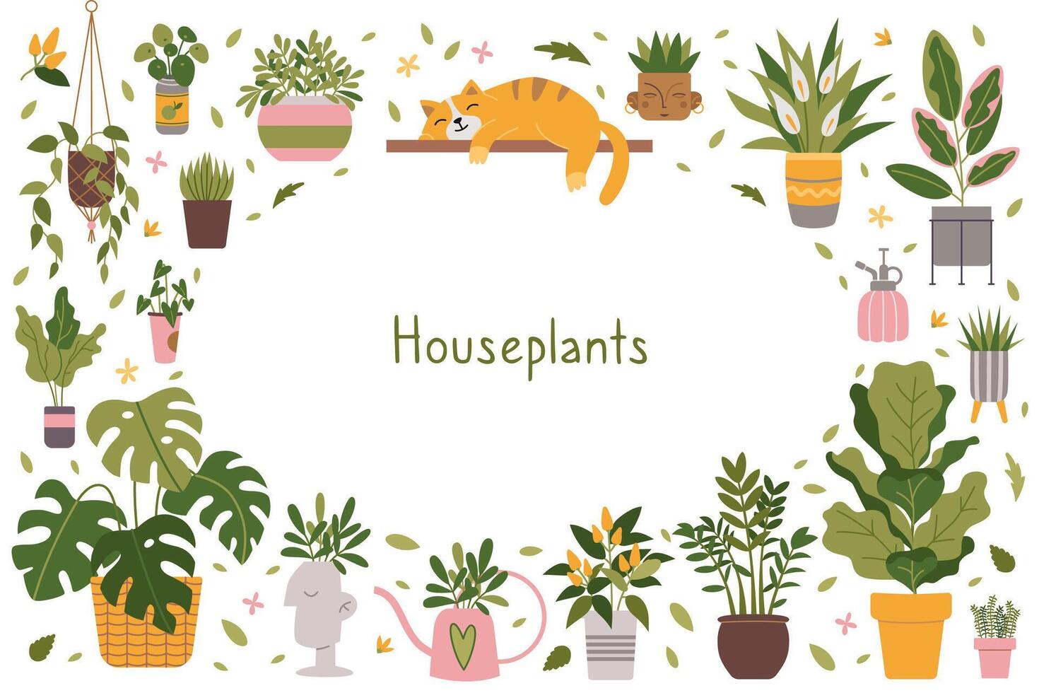 Frame with trendy potted plants, cartoon style. Indoor houseplants for interior and cute cat. Urban Cozy home gardening hobby set. Modern isolated illustration, hand drawn, flat vector