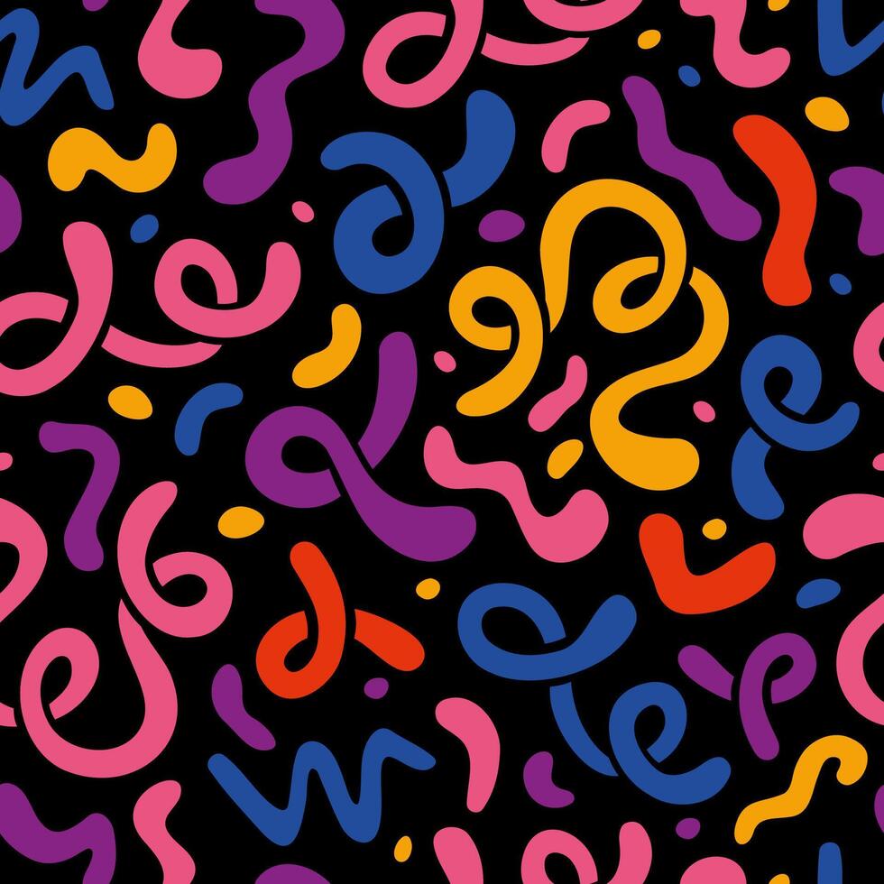 Seamless pattern with abstract colorful squiggles, fluid shapes, curls, cartoon style. Wavy lines, organic forms on a black background. Trendy modern illustration, hand drawn, flat design vector