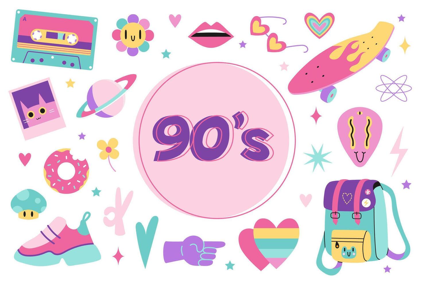 90s retro elements set, cartoon illustration. Vintage nineties aesthetic in modern style, bright pastel color. Trendy modern art isolated on white background, hand drawn, flat design vector