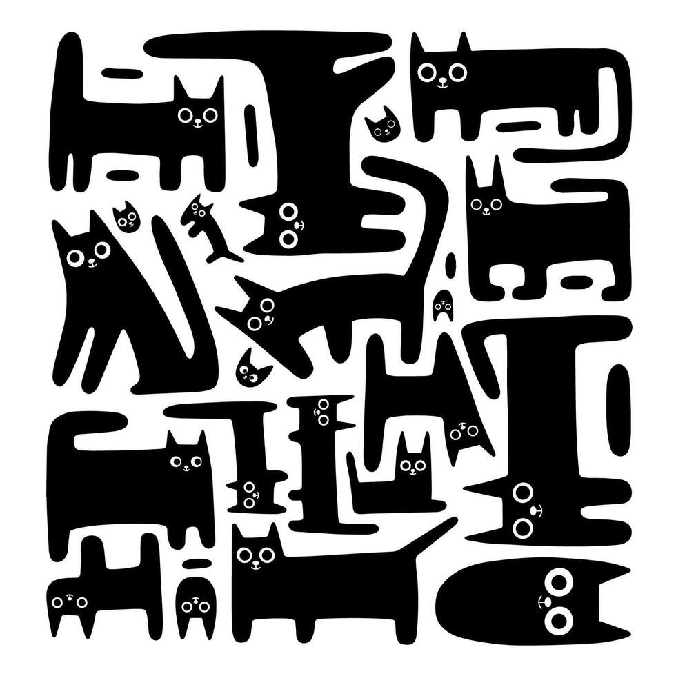 Mosaic composition with cute funny cats, black kitten set, cartoon style. Trendy modern illustration isolated on white background, hand drawn, flat design vector