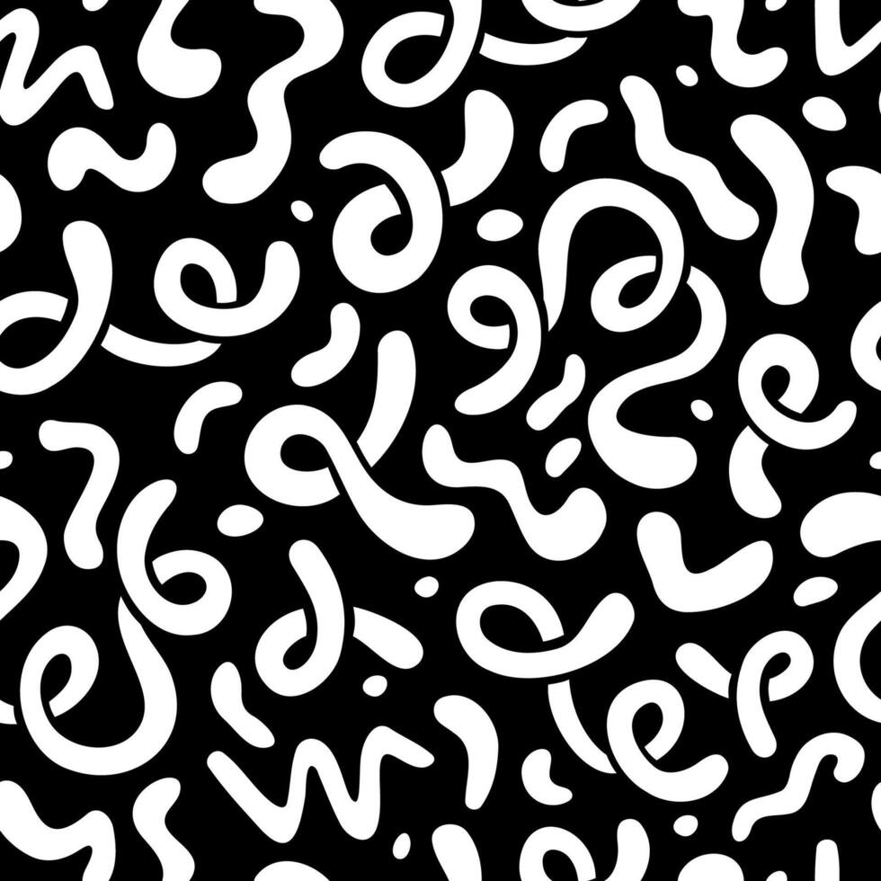 Seamless pattern with abstract white squiggles on a black background, fluid shapes, curls, cartoon style. Wavy lines, organic forms. Trendy modern illustration, hand drawn, flat design vector