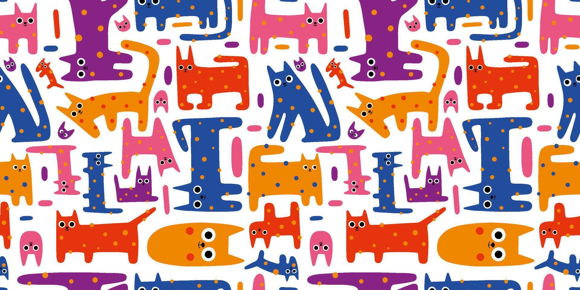 Seamless pattern with cute funny cats, colorful kitten, cartoon style. Trendy modern illustration on white background, hand drawn, flat design vector