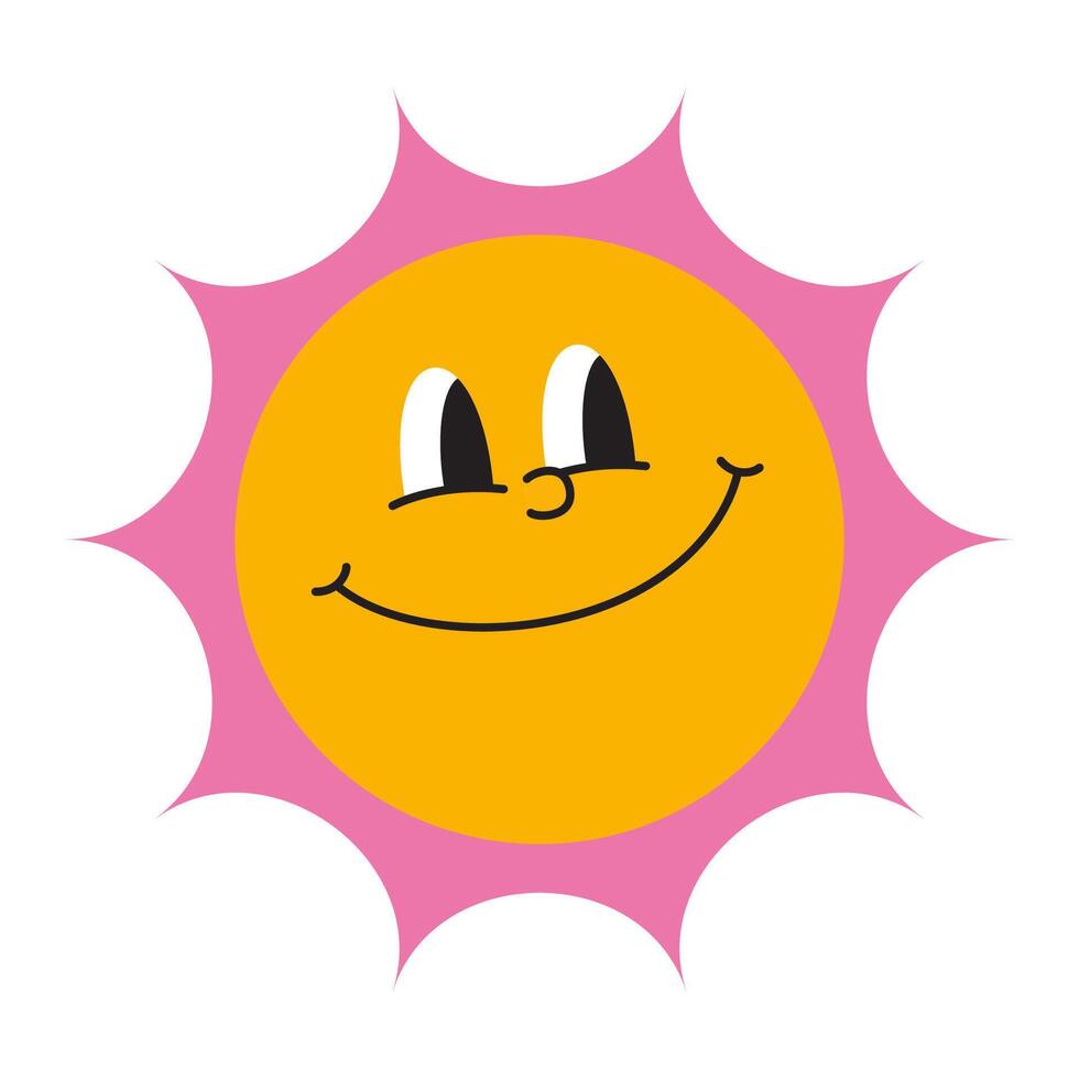 Funny smiling sun, cartoon style, vintage groovy characters. Trendy modern illustration isolated on white background, hand drawn, flat design vector