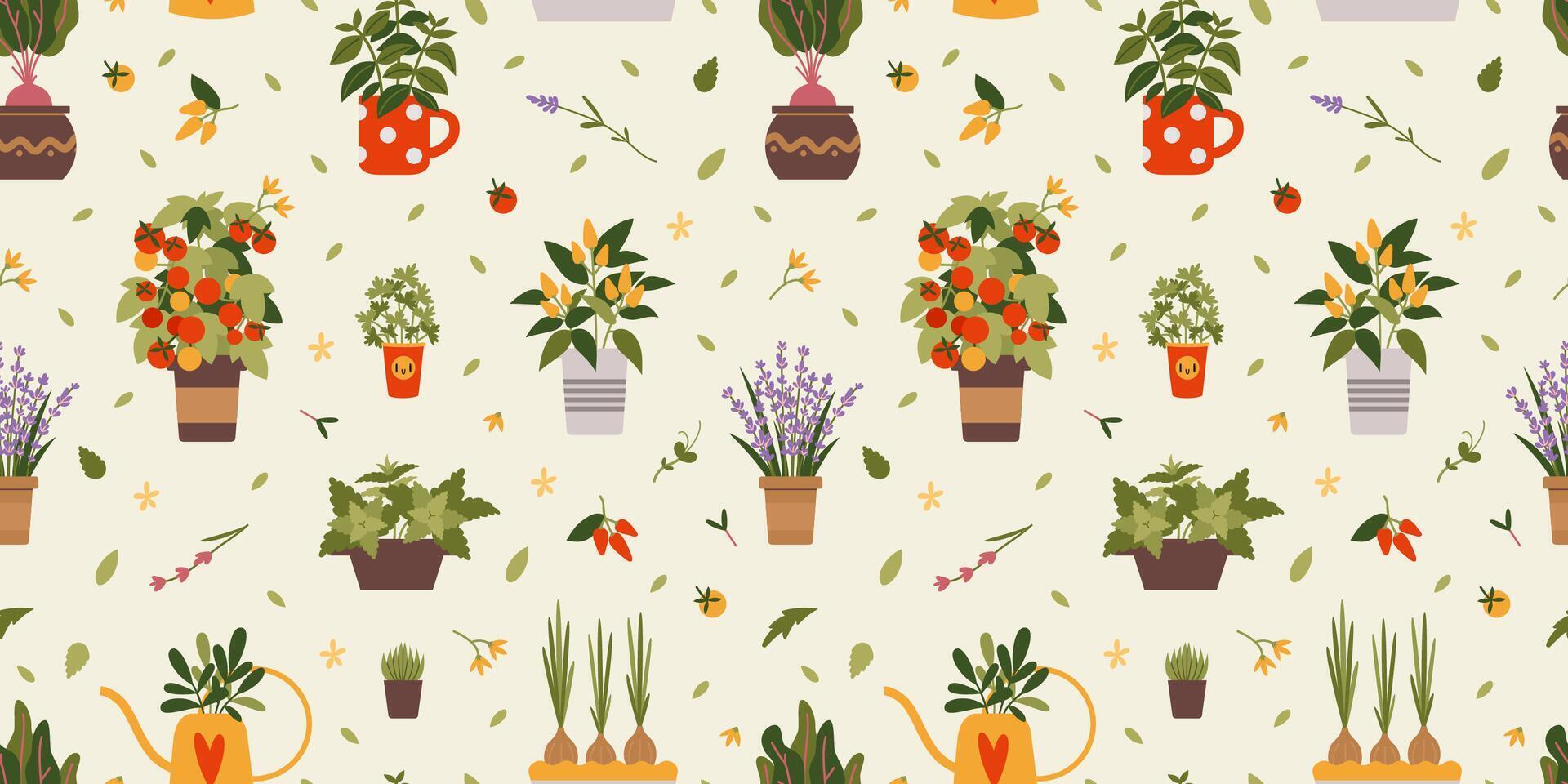 Indoor kitchen garden plants seamless pattern, cartoon style. Various types of Herbs and vegetables in a pots. Urban Cozy home gardening hobby. Trendy modern illustration, hand drawn, flat vector