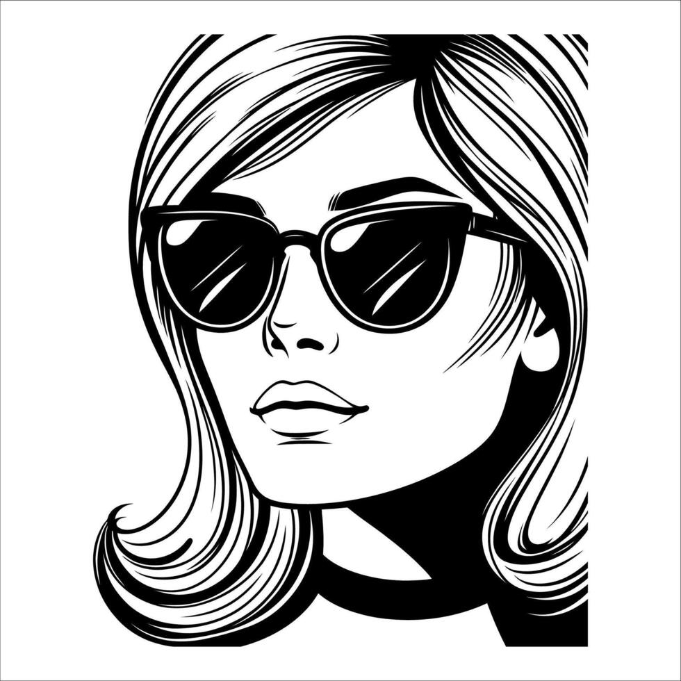 Vintage retro woman wearing sunglasses line art comic black and white 08 vector