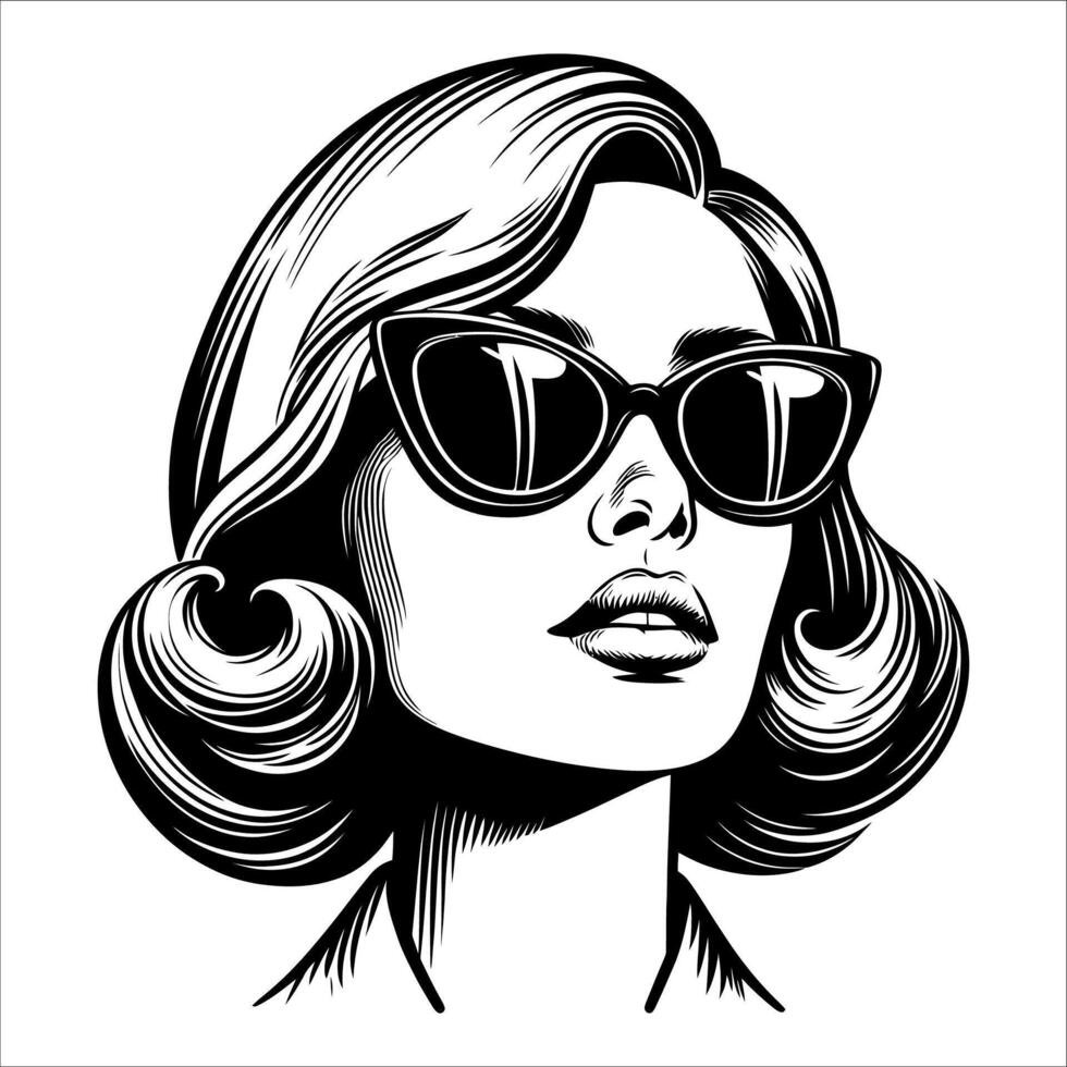 Vintage retro woman wearing sunglasses line art comic black and white 03 vector