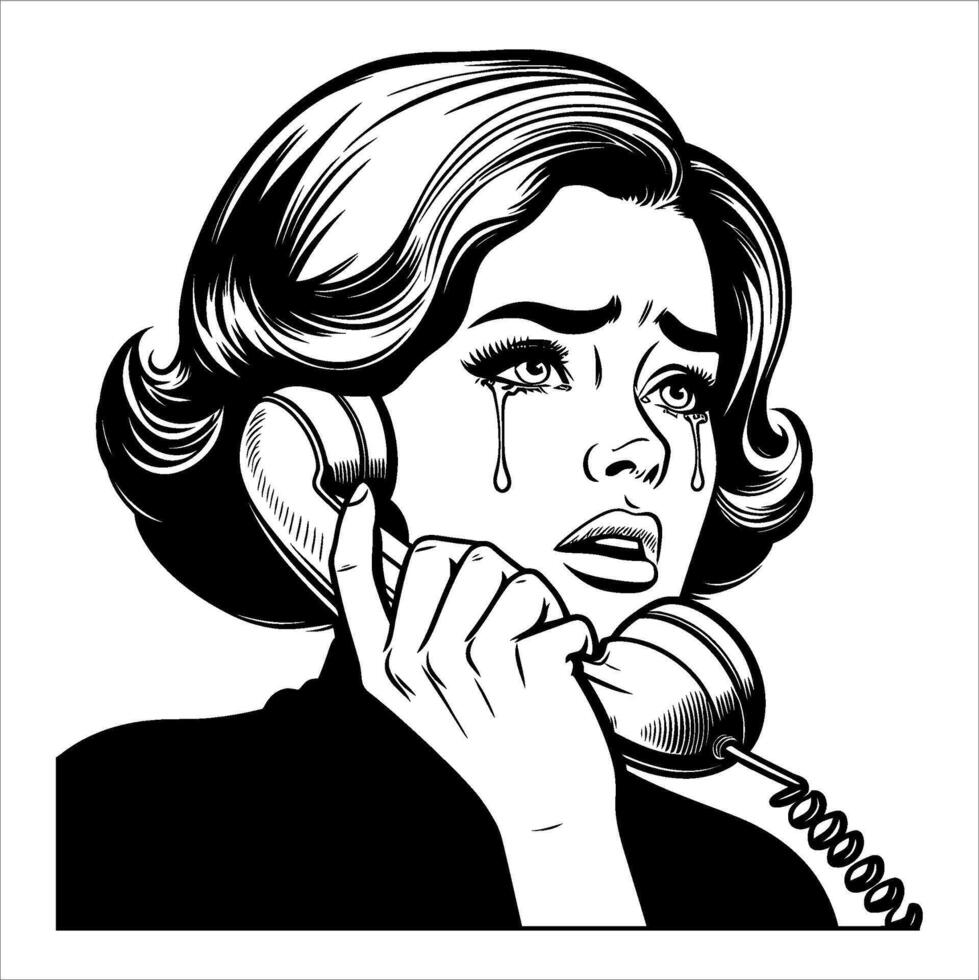 Clásico retro popular Arte mujer llorando en el teléfono línea Arte cómic negro y blanco 01 vector