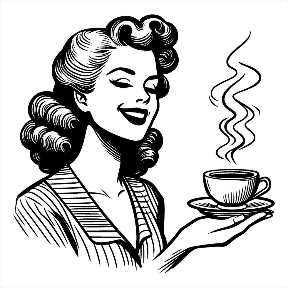 Clásico retro 40's sonriente mujer ofrecimiento un taza de café línea Arte dibujo 01 vector