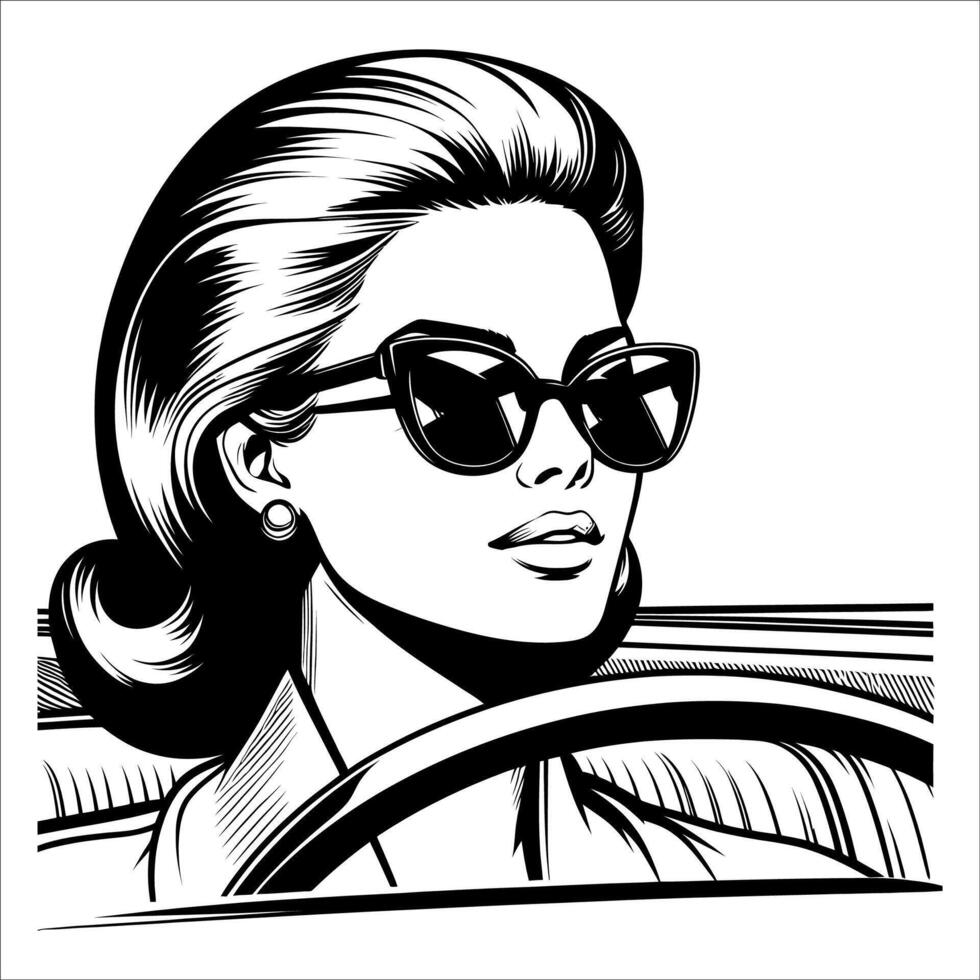 Vintage retro woman wearing sunglasses line art comic black and white 09 vector