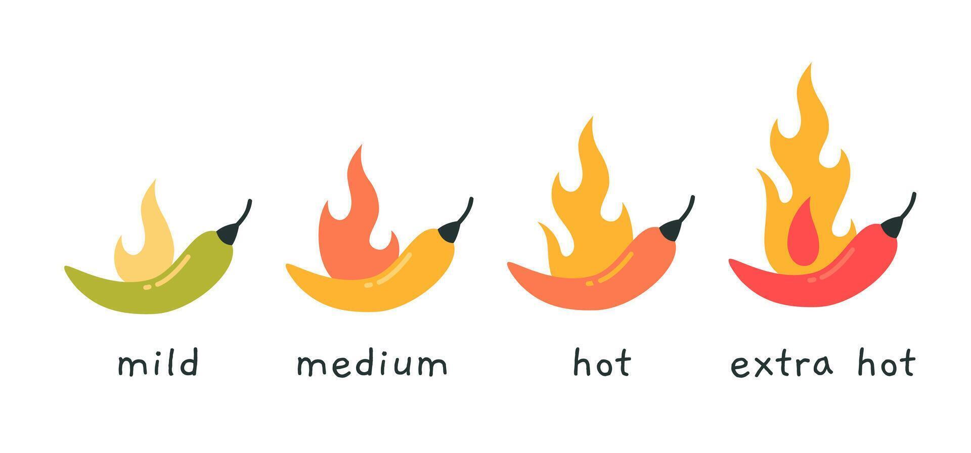 Spicy food level icons, mild, medium and extra hot, cartoon style. Chili, jalapeno, cayenne peppers with fire flames. Trendy modern illustration isolated on white background, flat design vector