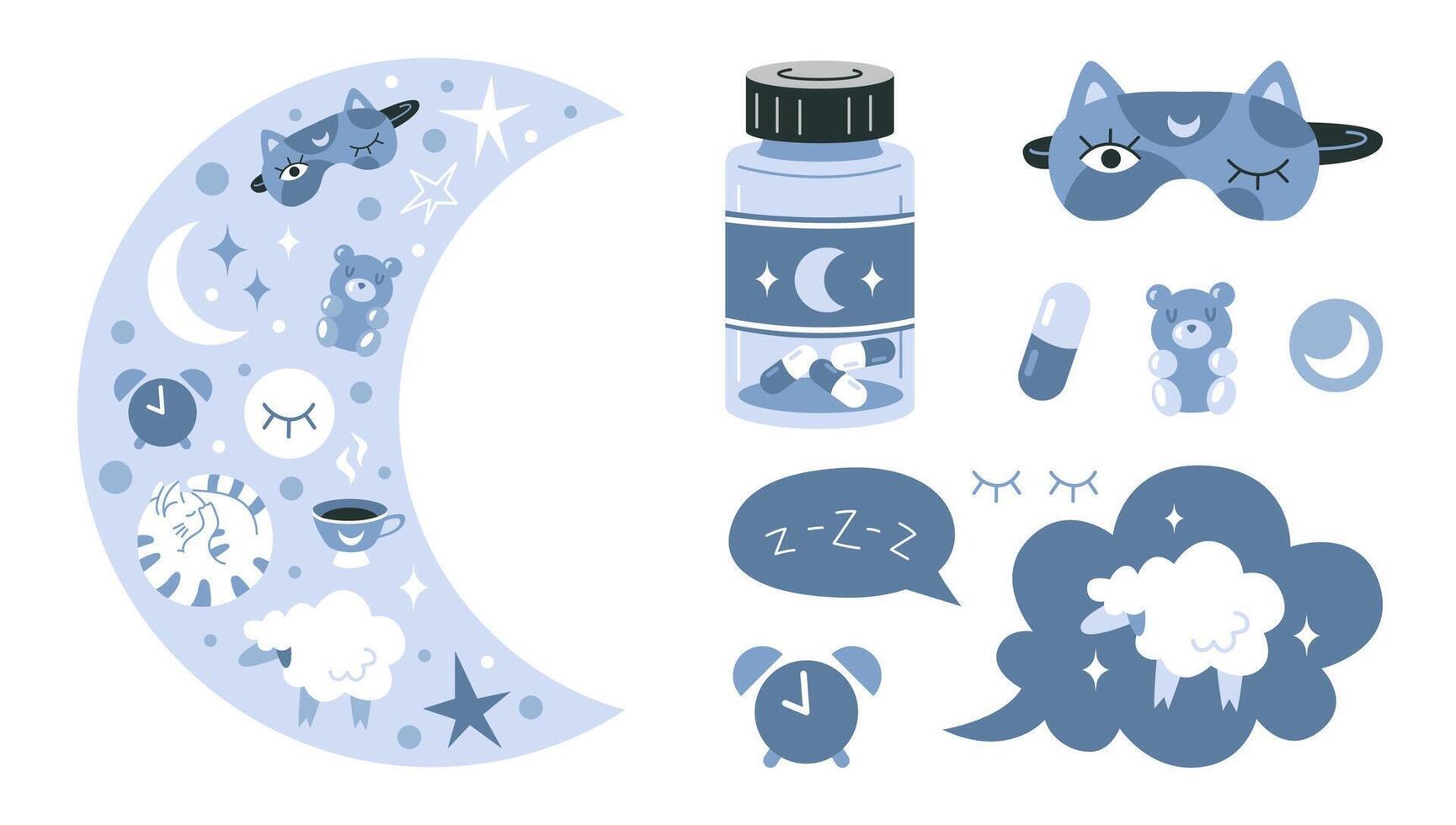 Crescent moon, stars, jar of Melatonin or sleeping pills and things to help you fall asleep quickly. Healthy sleep, rest and treatment of insomnia. Isolated cartoon illustration, flat vector