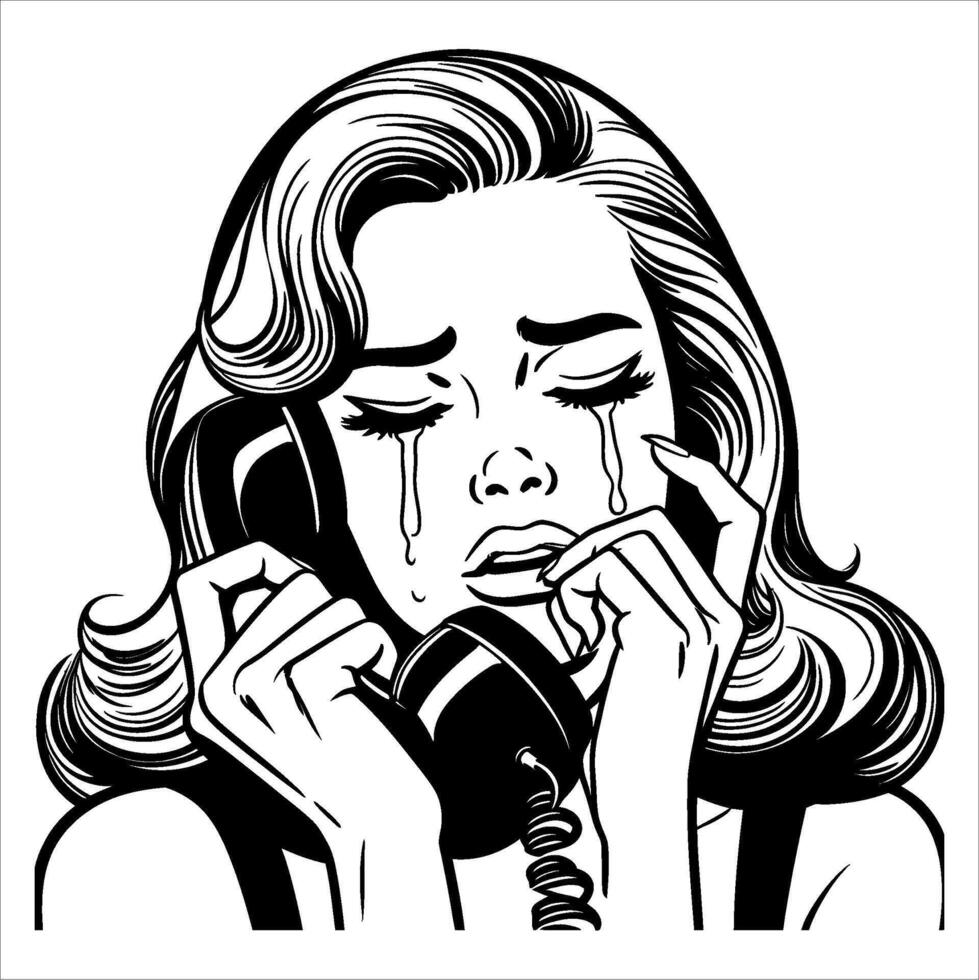 Vintage retro pop art woman crying on the phone line art comic black and white 06 vector