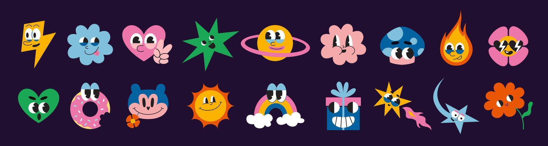 Big set of various comic groovy characters such as heart, flower and star, cartoon style. 70s funny cute retro stickers collection. Trendy modern illustration, hand drawn, flat design vector