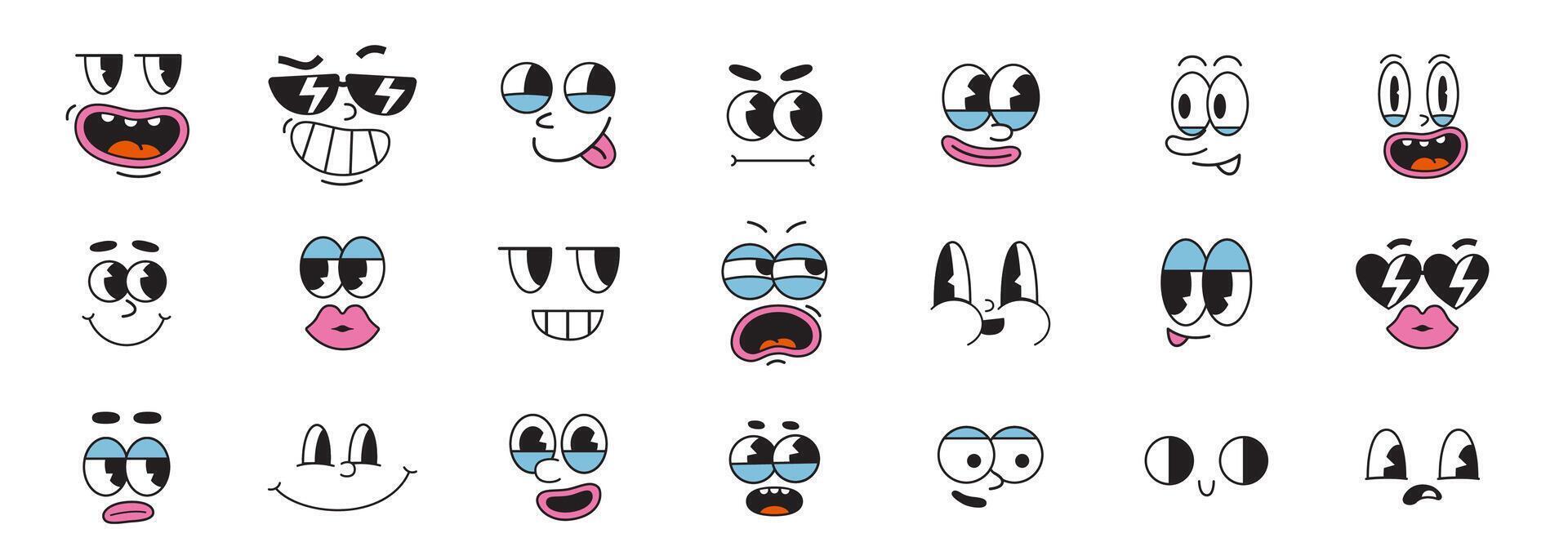 Set of retro cartoon faces with outline, groovy comic characters facial expressions. Emotions like happy, sad, angry, wonder. Trendy modern illustration isolated on white, hand drawn, flat vector