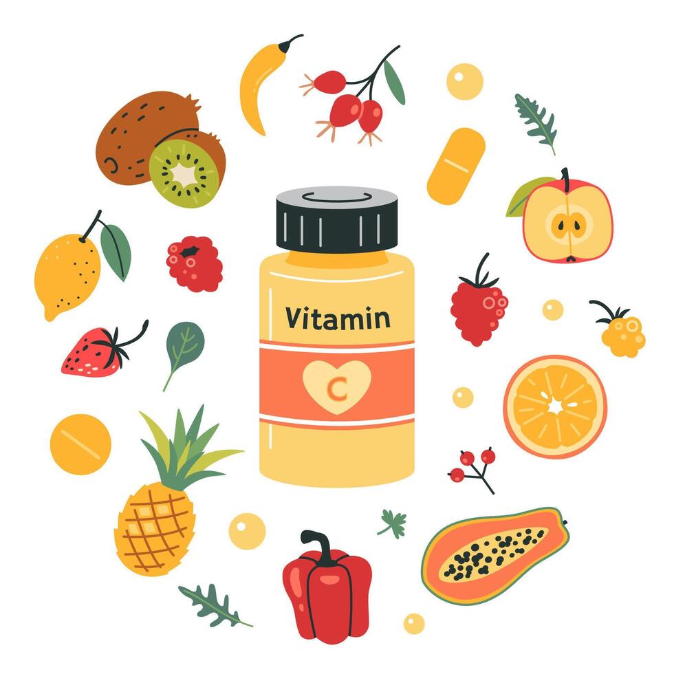 A jar of vitamin C and foods enriched with ascorbic acid in a circle. Fruits, berries and vegetables set. Natural antioxidant products. Isolated cartoon illustration, hand drawn, flat vector