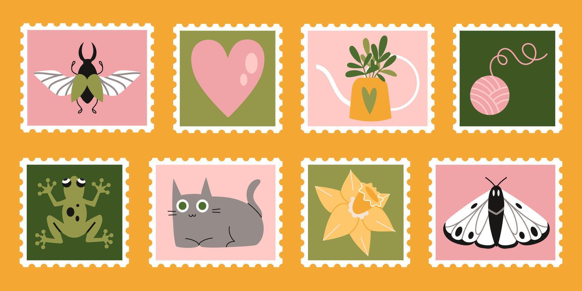Set of cute hand-drawn post stamps with natural plant elements, attributes like flowers, moth, frog. Trendy modern illustartions in Cartoon style vector