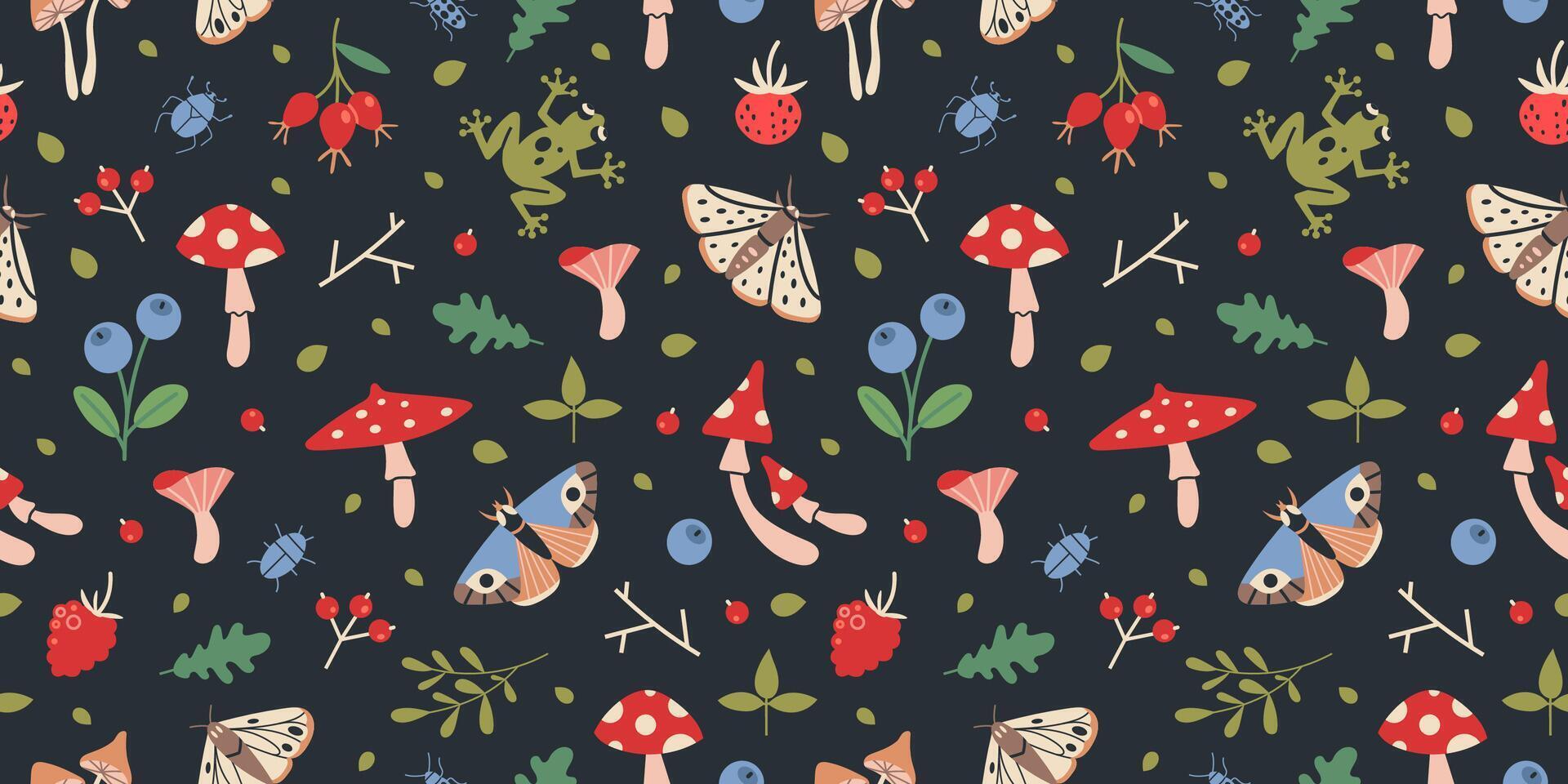 Forest flora and insects seamless pattern on a dark background, cartoon style. Various plants, wild berries, moth and butterflies. Goblincore aesthetics. Trendy illustration, hand drawn, flat vector