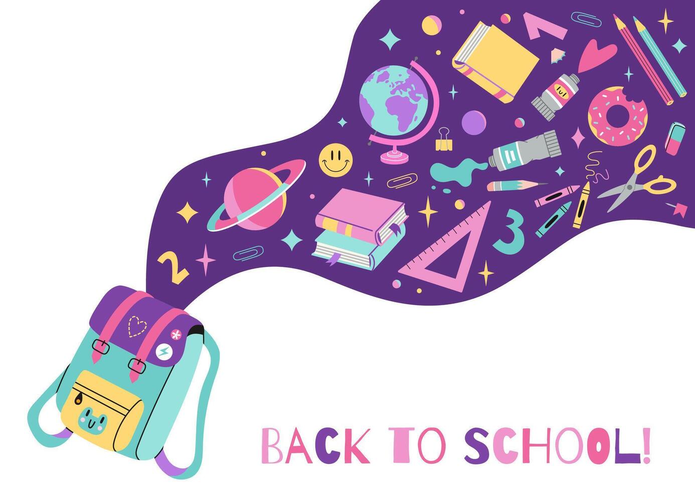 Back to school banner, backpack and school stationery flying out of it, cartoon style. Study and education concept. Trendy modern illustration isolated on white, hand drawn, flat design vector