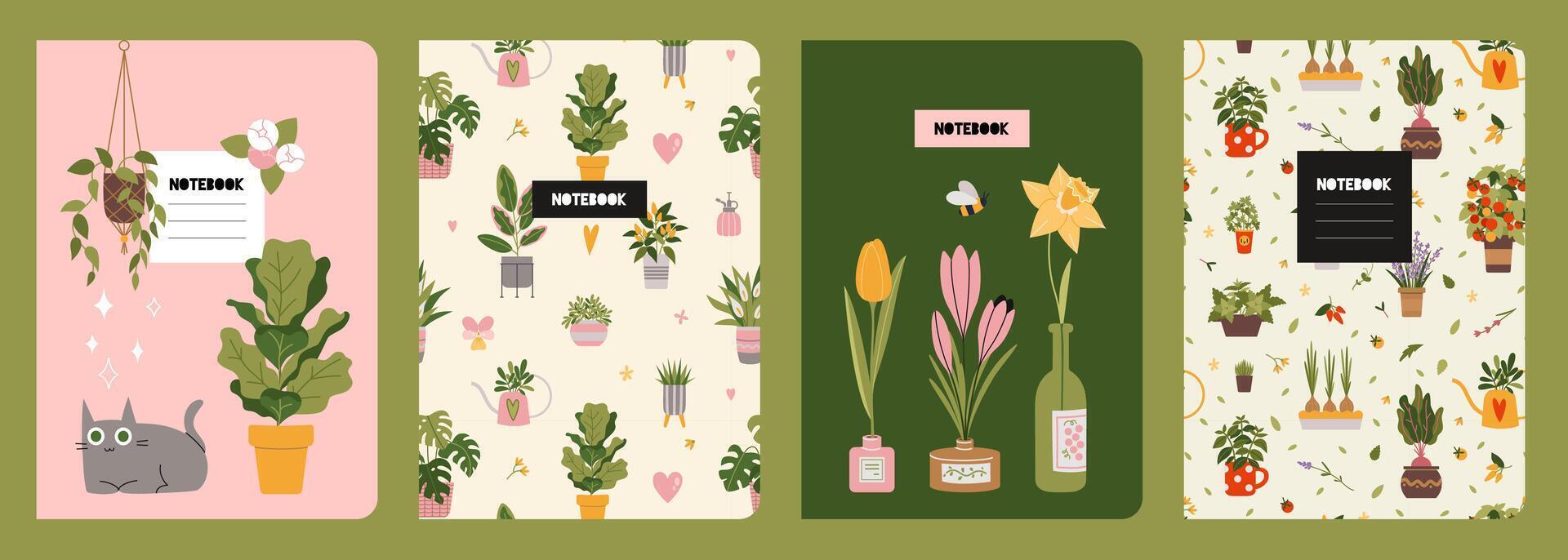 Trendy covers set on a plants theme, cartoon style illustration. Cool design with floral seamless patterns and cute cozy home objects. For notebooks, planners, brochures, books and catalogs vector