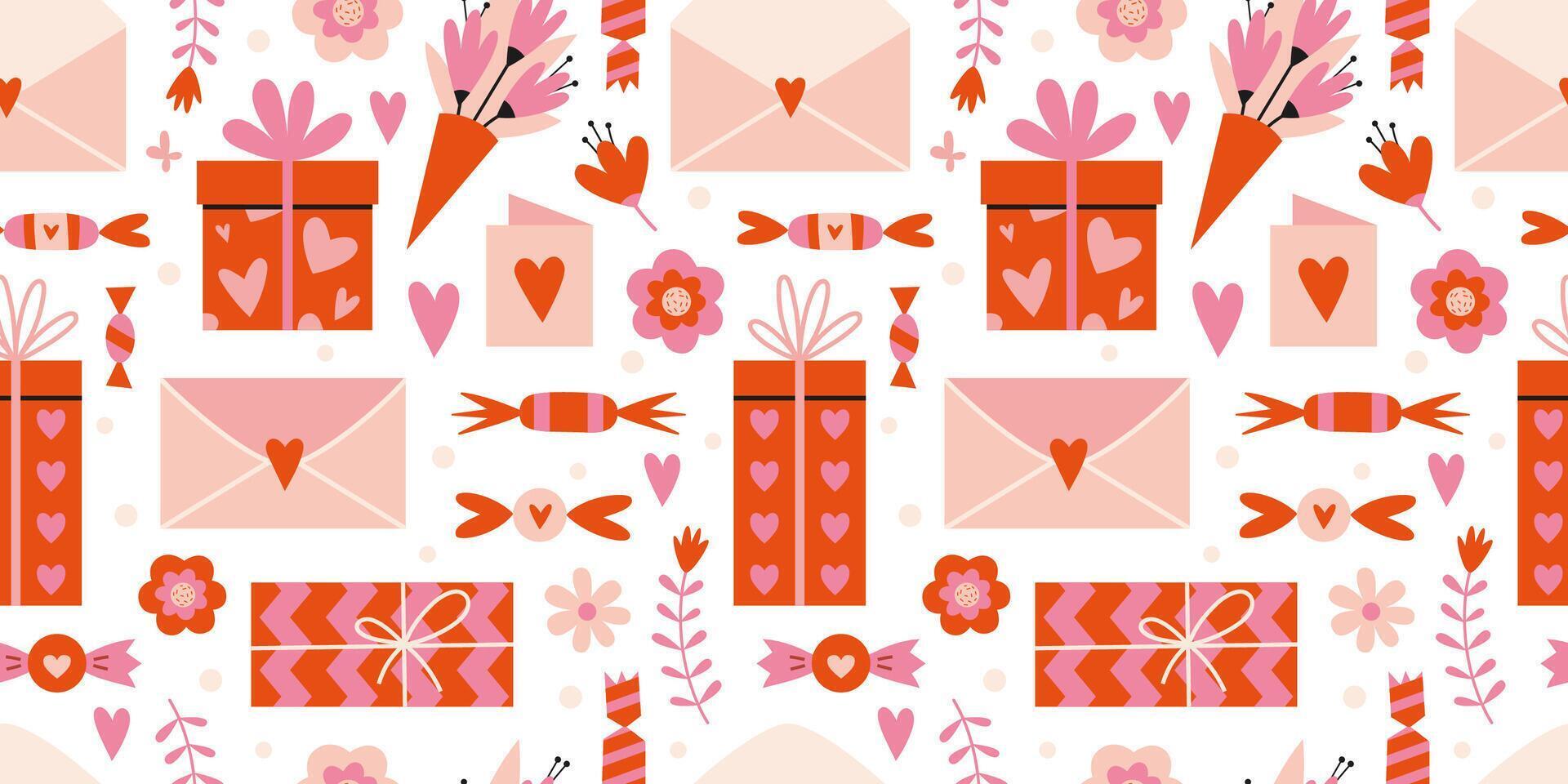 Saint Valentine's seamless pattern with cute romantic presents, sweets, gift box and flowers, on a white background, cartoon style. Trendy modern illustration, hand drawn, flat design vector