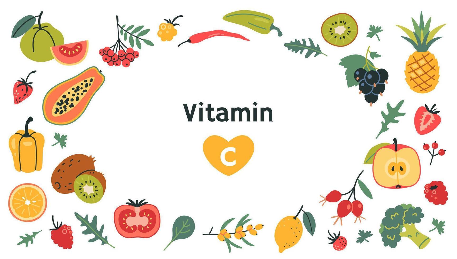 Frame with best sources of vitamin C foods, cartoon style. Fruits, berries and vegetables set. Natural antioxidant products, immune support. Isolated illustration, hand drawn, flat vector