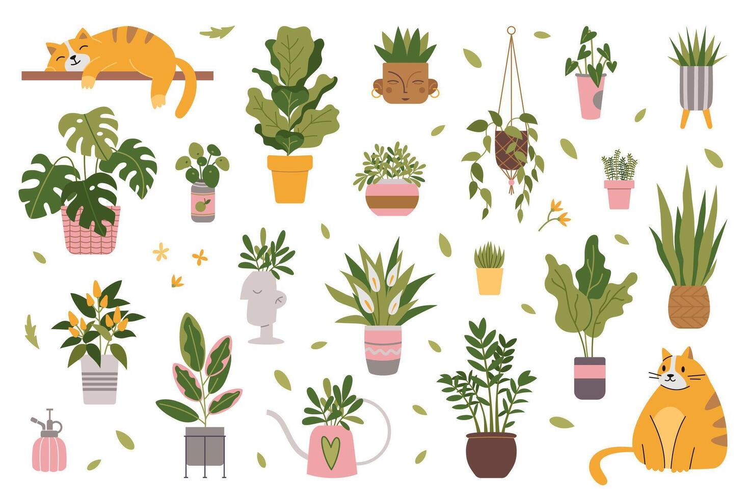 conjunto con de moda en conserva plantas, dibujos animados estilo. interior plantas de interior para interior y linda gato. urbano acogedor hogar jardinería pasatiempo. moderno aislado ilustración, mano dibujado, plano vector