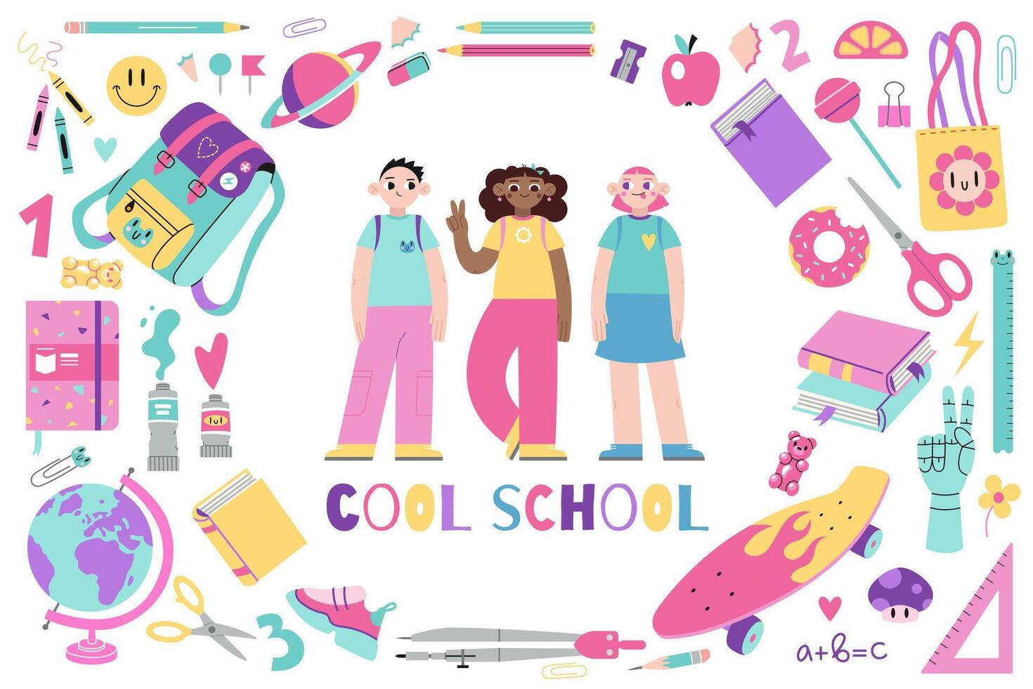 Cool school banner, classmates kids characters, cartoon style. Round frame with cute stationery and art supplies, bright pastel color. Trendy modern illustration isolated on white, flat vector