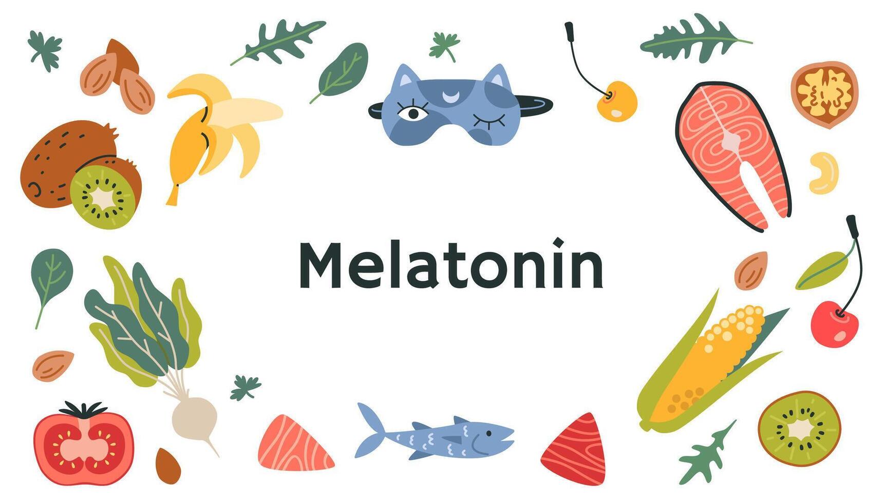 Frame with foods best sources of Melatonin. Fruits, vegetables and fish set. Concept of sleep disorder treatment, insomnia and sleeping problems. Isolated cartoon illustration, flat design vector