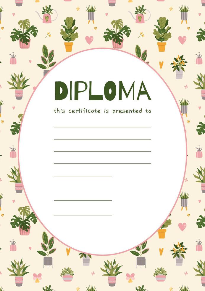 School diploma certificate for children and students with floral pattern, cartoon style. Background with Houseplants and place for text. Trendy modern illustration, hand drawn, flat design vector