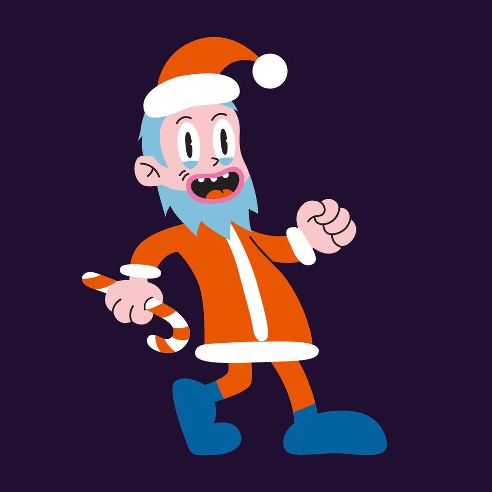 Funny walking Santa Claus with a with a Christmas candy cane, cartoon style, vintage groovy characters. Trendy modern illustration, hand drawn, flat design vector
