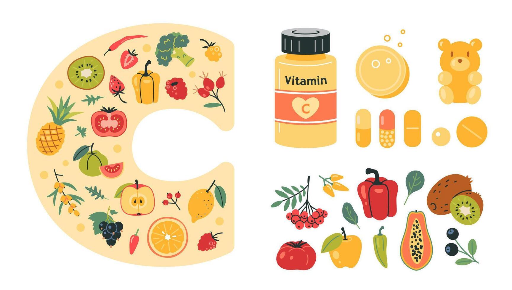 Vitamin C sources set with food rich in it, tablets and capsules. Fruits, berries, vegetables and pharmacy products. Natural antioxidant and immune support. Isolated cartoon illustration, flat vector