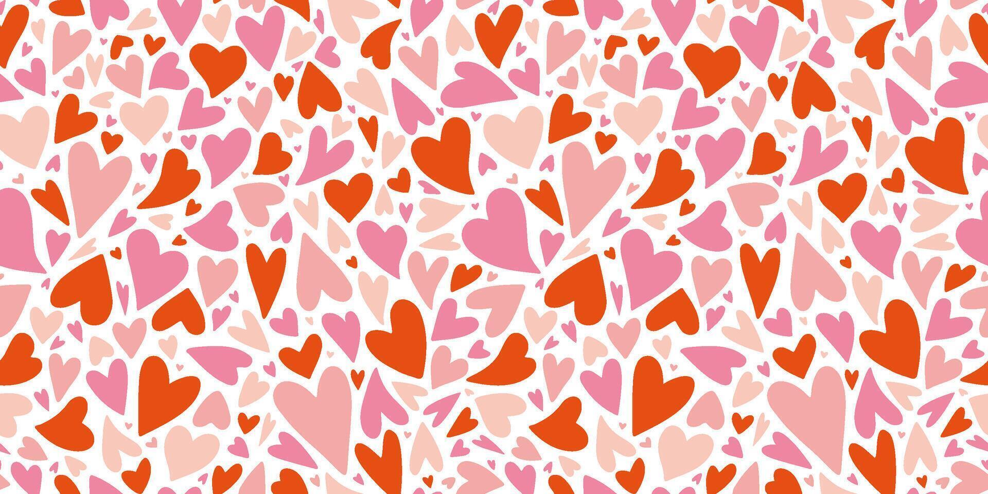 Seamless pattern with small pink and red hearts on a white background, Love, Valentines day concept, cartoon style. Trendy modern illustration, hand drawn, flat design vector