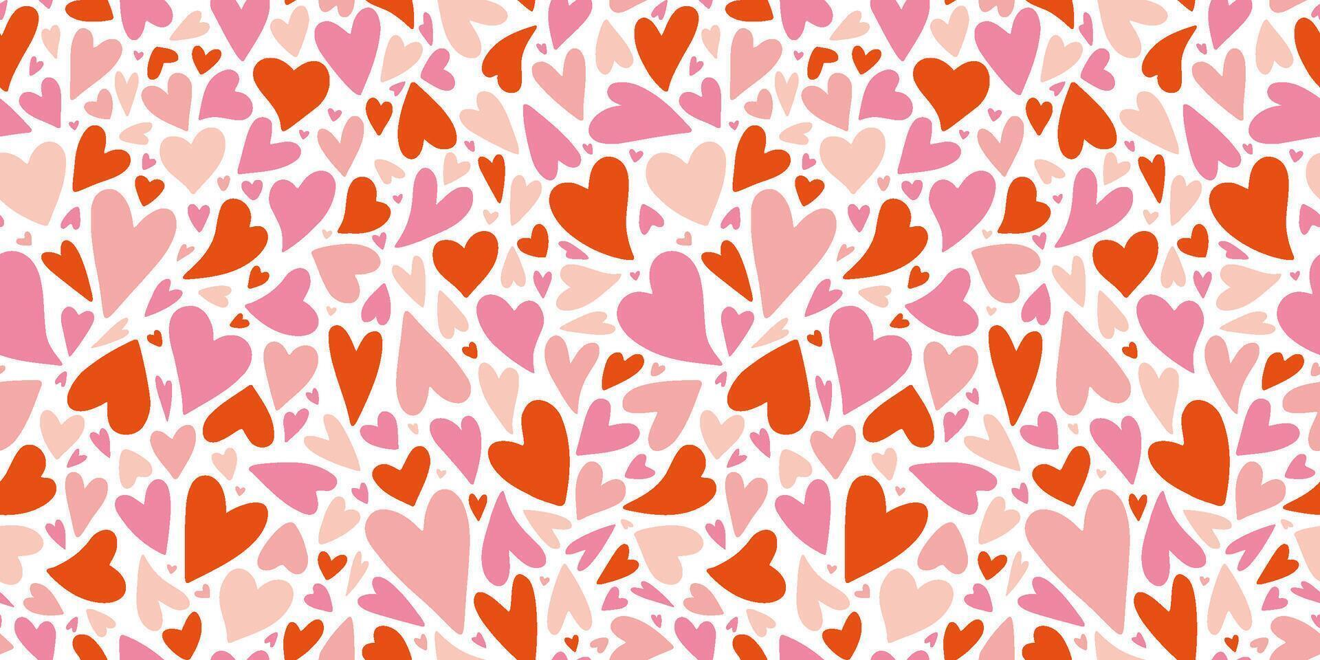 Seamless pattern with small pink and red hearts on a white background, Love, Valentines day concept, cartoon style. Trendy modern illustration, hand drawn, flat design vector