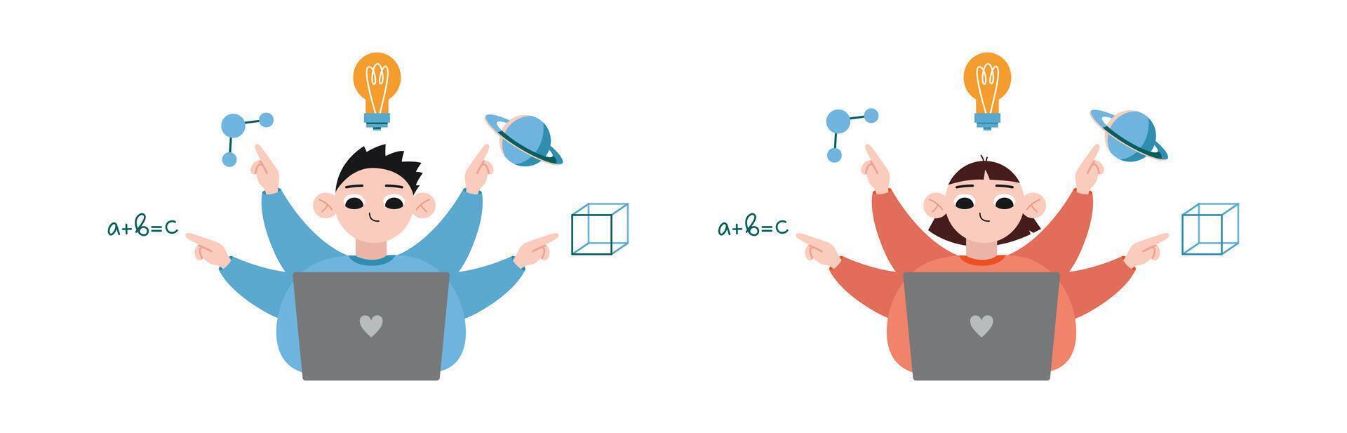 Teenage boy and girl with many arms using laptop computer to study various of academic subjects, multitasking, cartoon style. Trendy illustration isolated on white, hand drawn, flat design vector