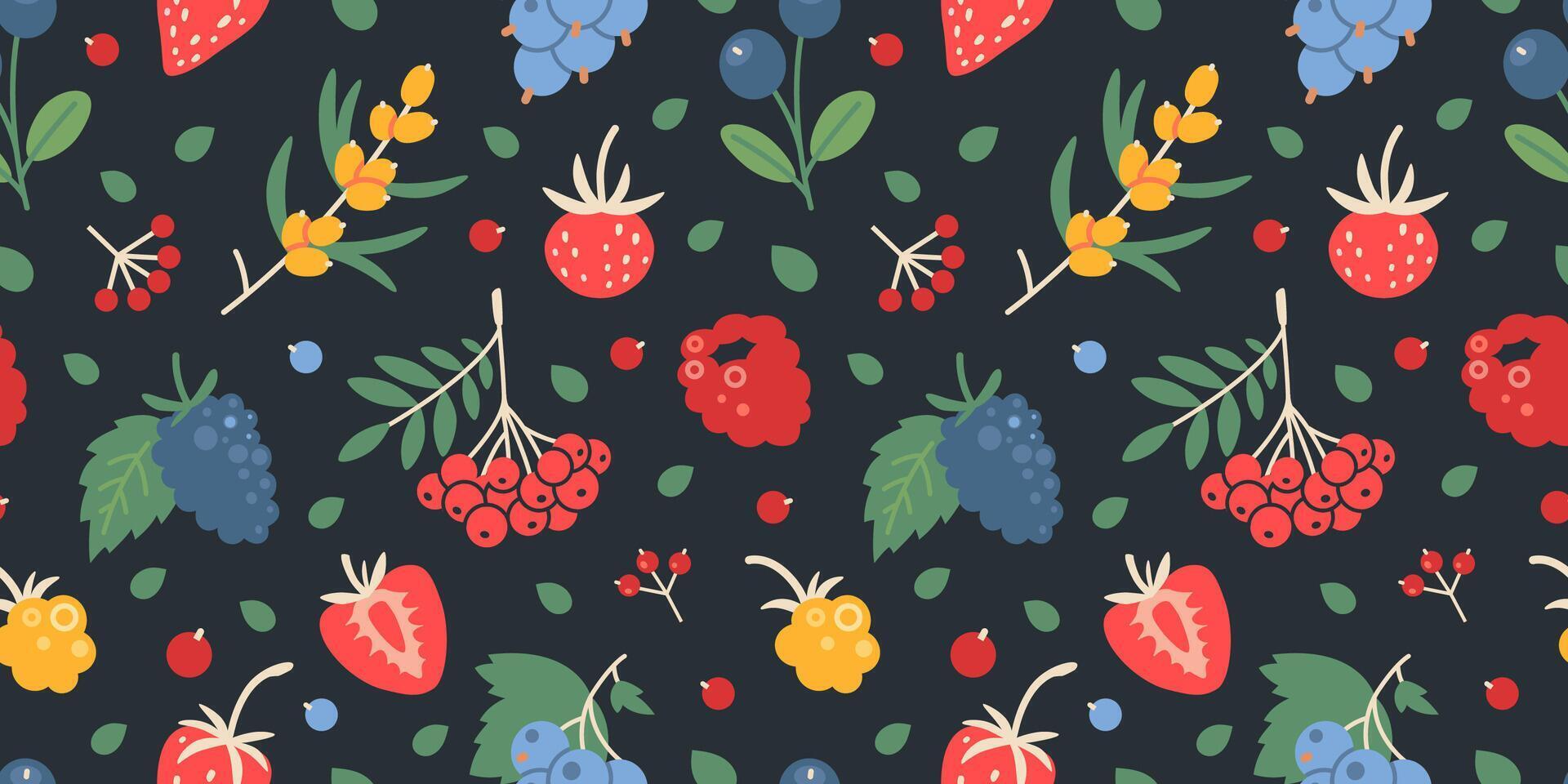 Seamless pattern berries like raspberry, strawberry, rowan, cloudberry, currant and blueberry, cartoon style. Trendy modern illustration on dark background, hand drawn, flat design vector