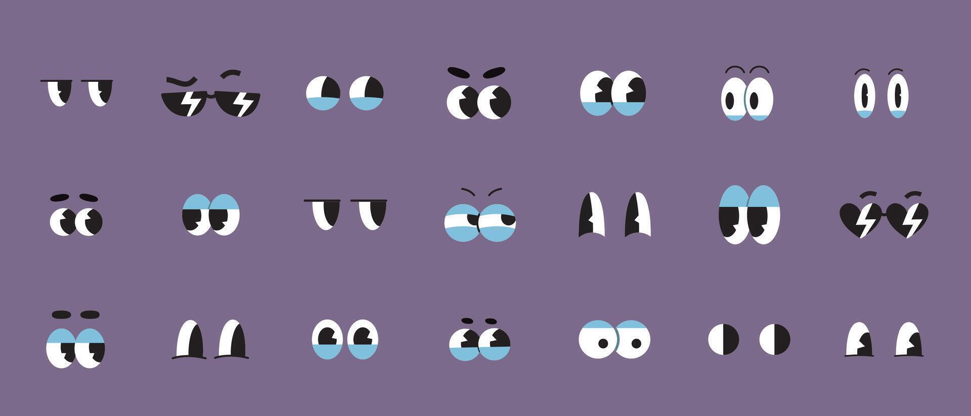 Set of retro cartoon eyes, groovy comic characters different gaze expressions, old animation. Emotions like happy, sad, angry, wonder. Trendy modern illustration, hand drawn, flat design vector