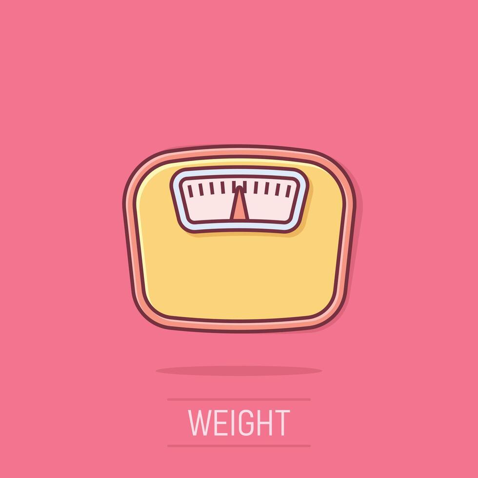 Bathroom weight scale icon in comic style. Mass measurement cartoon illustration on isolated background. Overweight splash effect sign business concept. vector