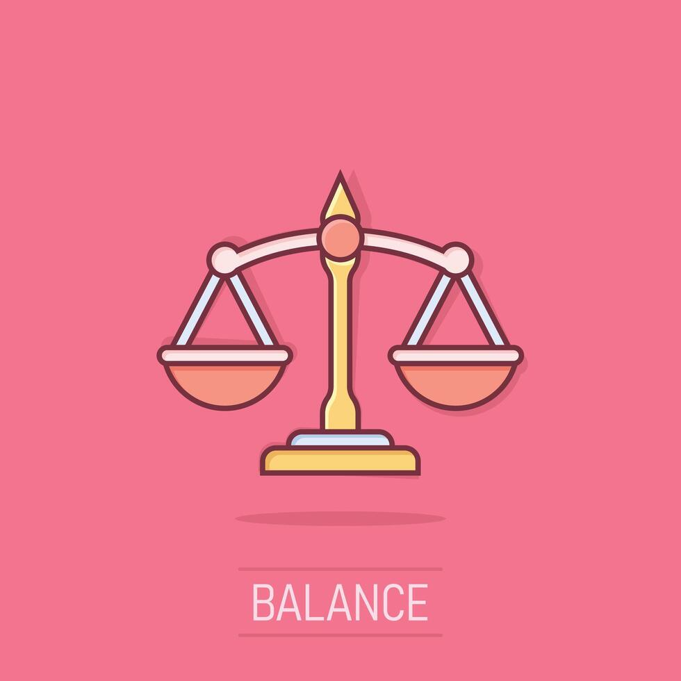 Scales icon in comic style. Libra cartoon illustration on isolated background. Mass comparison splash effect sign business concept. vector