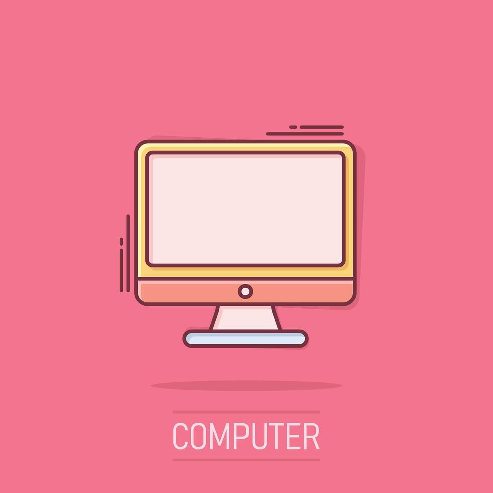 Personal computer in comic style. Desktop pc cartoon illustration on isolated background. Monitor display splash effect sign business concept. vector