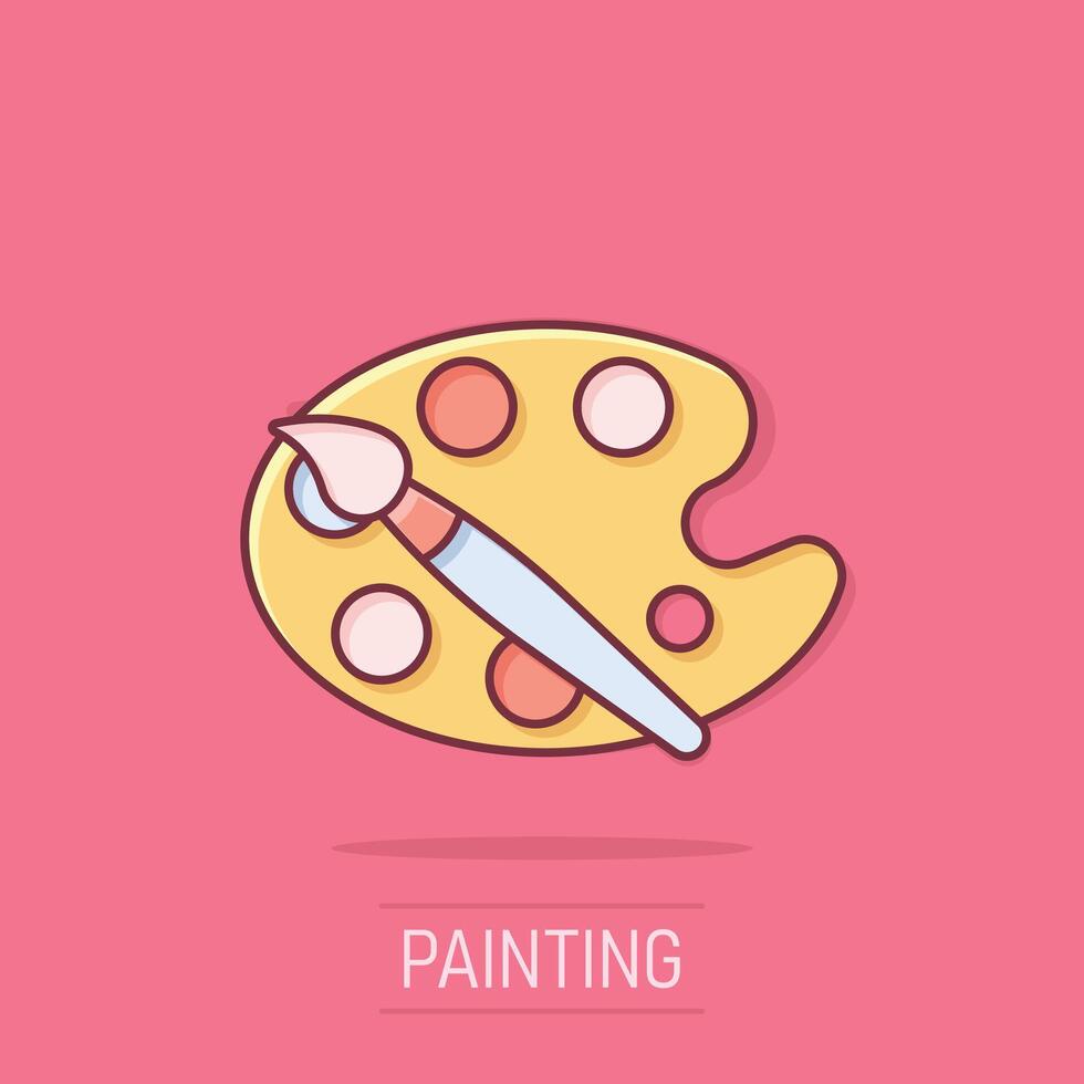 Artist's palette in comic style. Painter's tools cartoon illustration on isolated background. Drawing equipment splash effect sign business concept. vector