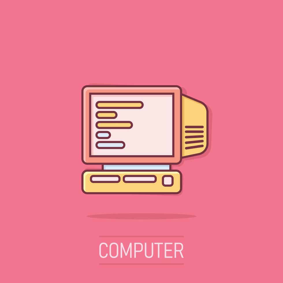 Personal computer in comic style. Desktop pc cartoon illustration on isolated background. Monitor display splash effect sign business concept. vector