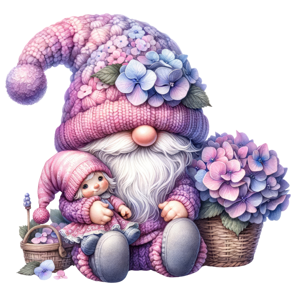 Garden Gnome with Hydrangeas Illustration. png