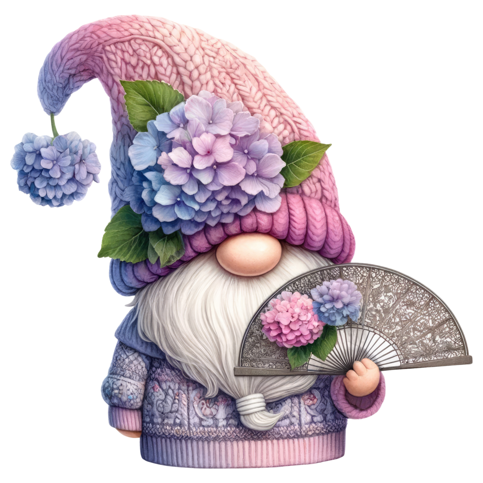 Garden Gnome with Hydrangeas Illustration. png