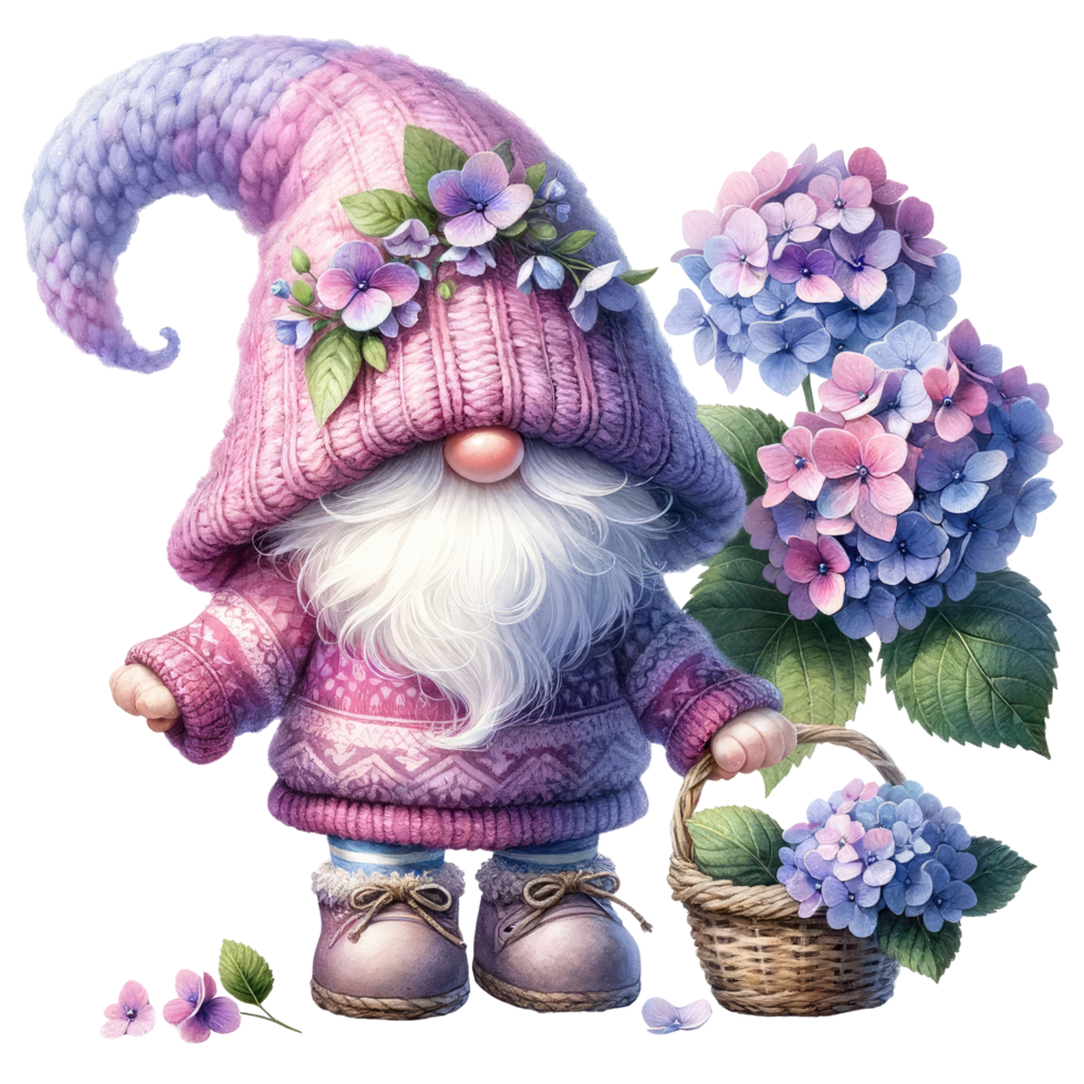 Garden Gnome with Hydrangeas Illustration. png