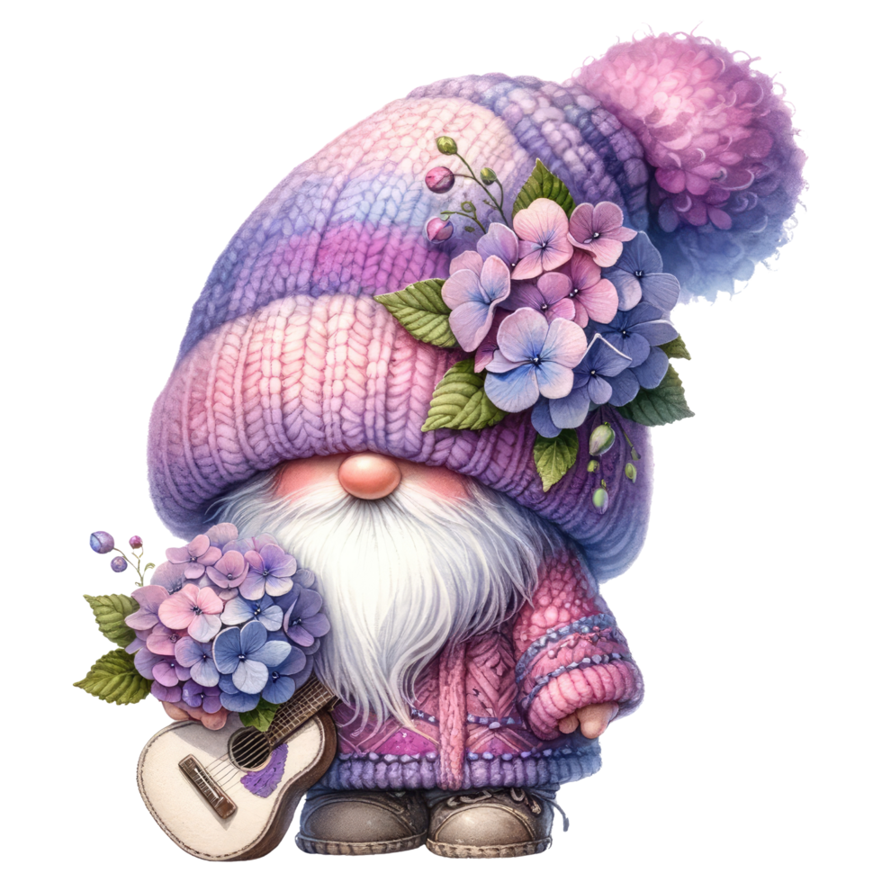 Garden Gnome with Hydrangeas Illustration. png