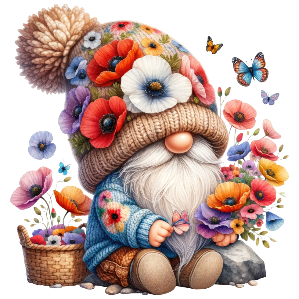 Floral Gnome with Poppy flowers Illustration png