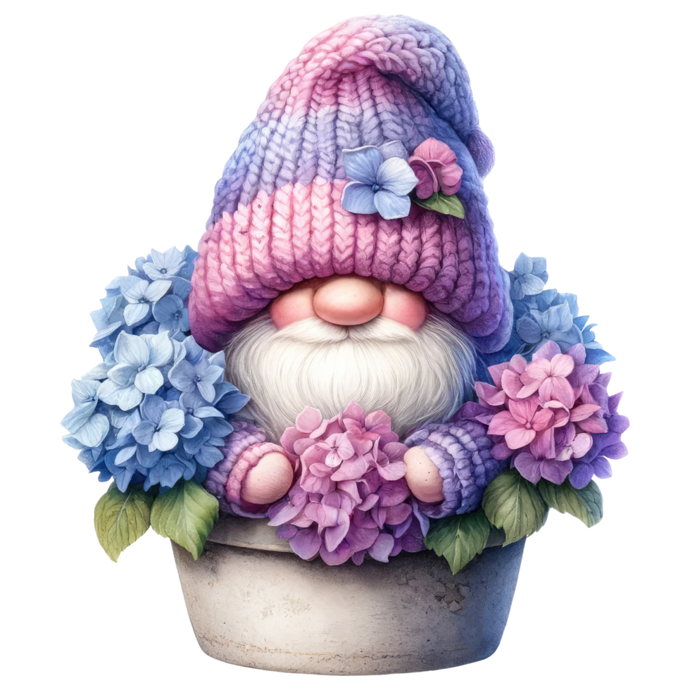 Garden Gnome with Hydrangeas Illustration. png