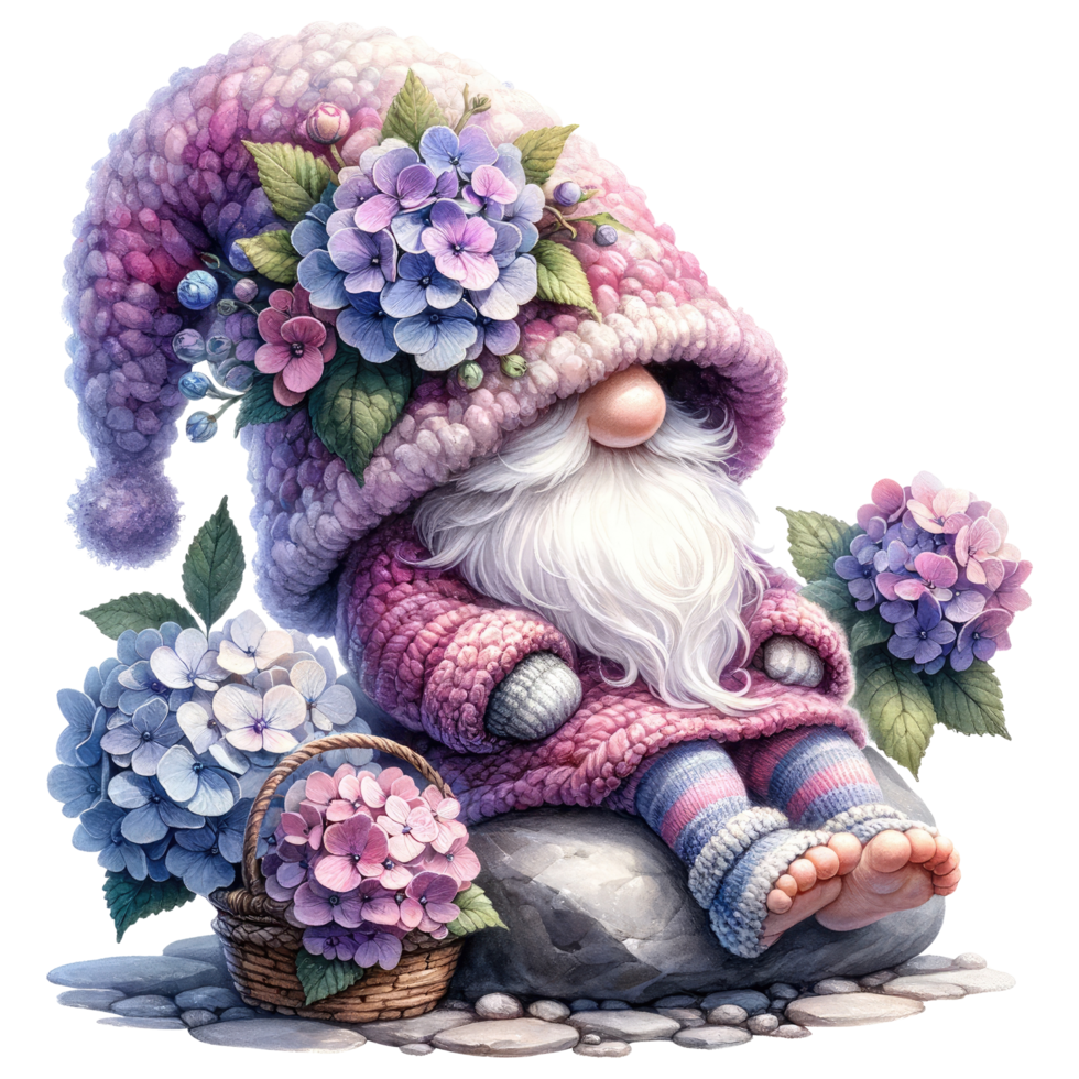 Garden Gnome with Hydrangeas Illustration. png