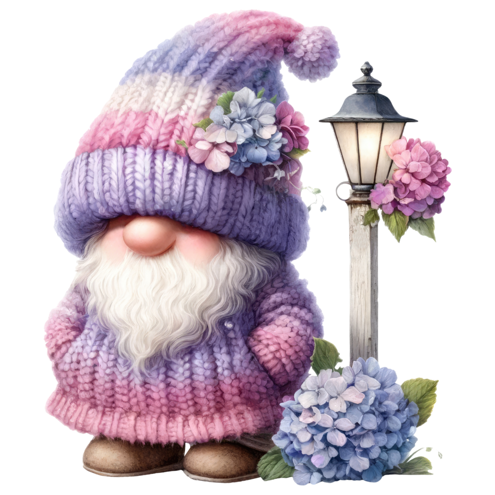 Garden Gnome with Hydrangeas Illustration. png